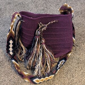 Wayuu Mochila, Elegant Plum Shoulder Bag with Tassel Accents
